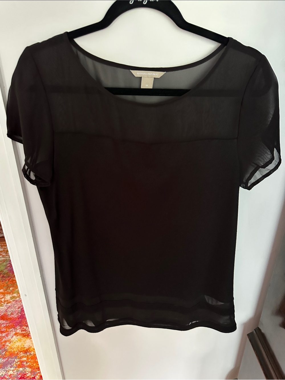 Banana Republic Black Sheer-Trim Short Sleeve Blouse